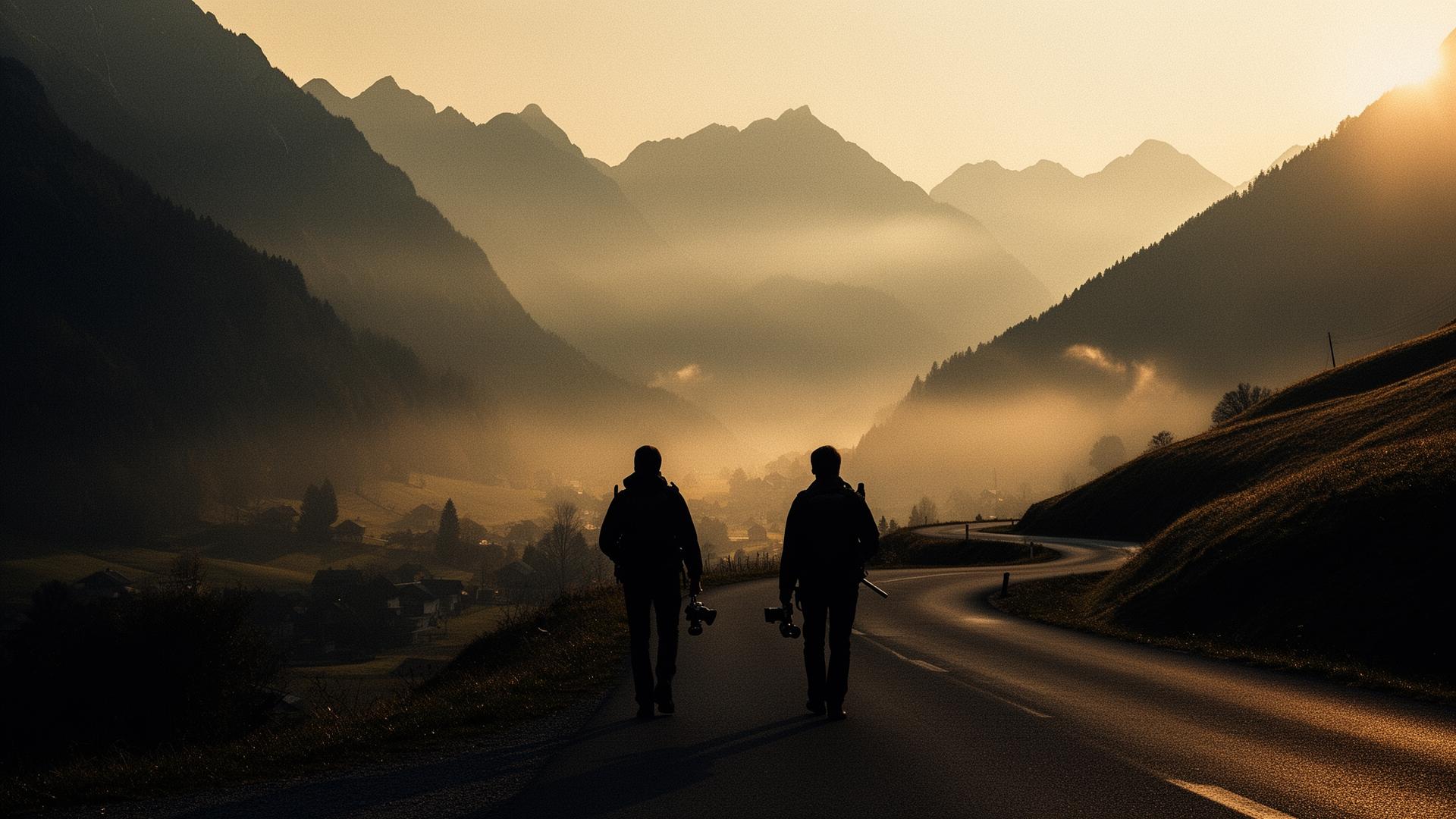 Twee filmmakers wandelen bij zonsopgang door een mistig bergdal